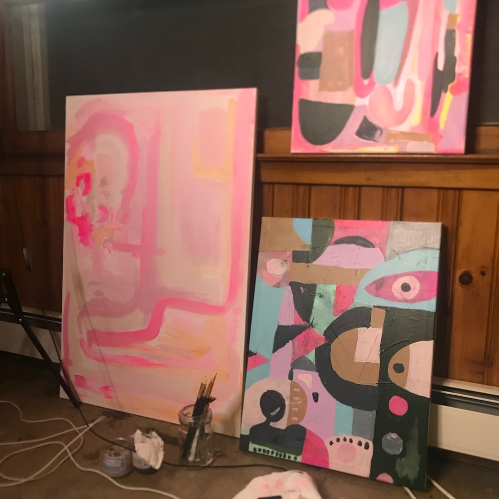 Abstract Pink and Multicolor Canvas Art for sale -many test paintings for sale